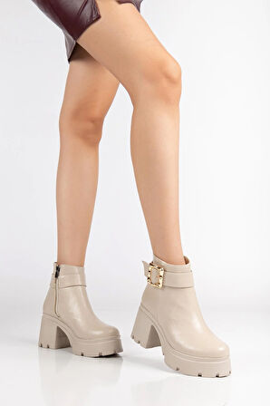 Bej Kadın Platform Topuklu Bot Tokalı Suni Deri