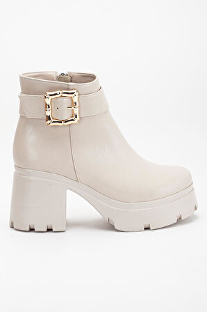 Bej Kadın Platform Topuklu Bot Tokalı Suni Deri