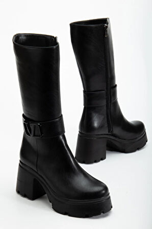 Siyah Kadın Platform Topuklu Çizme Diz Altı Suni Deri Kemer Tokalı