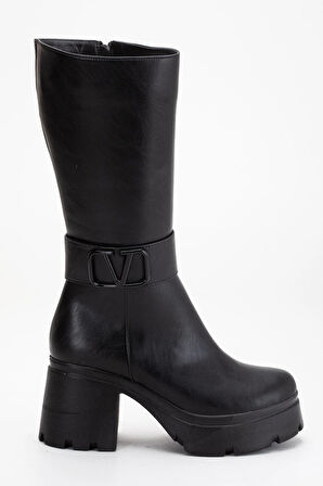 Siyah Kadın Platform Topuklu Çizme Diz Altı Suni Deri Kemer Tokalı
