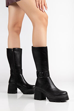 Siyah Kadın Platform Topuklu Çizme Diz Altı Suni Deri Kemer Tokalı