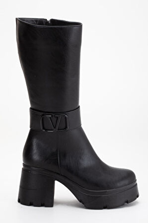 Siyah Kadın Platform Topuklu Çizme Diz Altı Suni Deri Kemer Tokalı