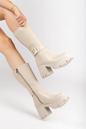 Bej Kadın Platform Topuklu Çizme Diz Altı Suni Deri Kemer Tokalı