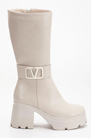 Bej Kadın Platform Topuklu Çizme Diz Altı Suni Deri Kemer Tokalı