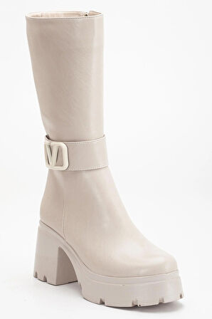 Bej Kadın Platform Topuklu Çizme Diz Altı Suni Deri Kemer Tokalı