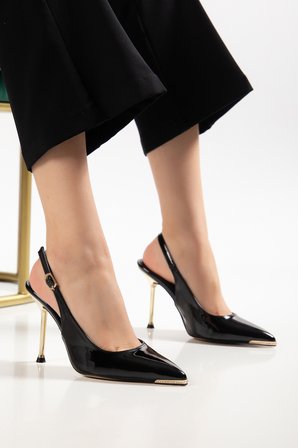 Kadın İnce Topuklu Stiletto Siyah Rugan Metal Taş Aksesuarlı