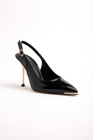 Kadın İnce Topuklu Stiletto Siyah Rugan Metal Taş Aksesuarlı