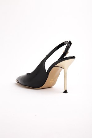 Kadın İnce Topuklu Stiletto Siyah Rugan Metal Taş Aksesuarlı