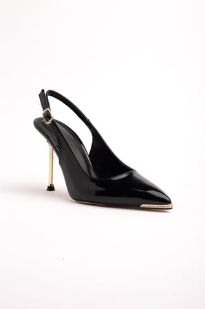 Kadın İnce Topuklu Stiletto Siyah Rugan Metal Taş Aksesuarlı