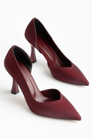 Büyük Beden Kadın İnce Topuklu Stiletto Bordo Parlak Saten Yan Açık