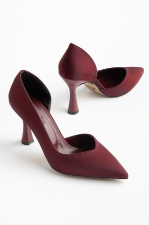 Büyük Beden Kadın İnce Topuklu Stiletto Bordo Parlak Saten Yan Açık