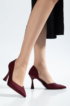 Büyük Beden Kadın İnce Topuklu Stiletto Bordo Parlak Saten Yan Açık