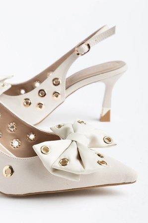 Kadın İnce Topuklu Stiletto Bej Saten Fiyonklu