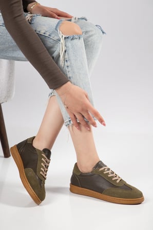 Hakiki Deri Kadın Günlük Spor Ayakkabı Haki M Model Poli Taban
