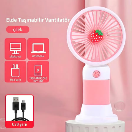 Coverzone El Tipi Mini Fan, 250mAh Batarya, USB Şarj Edilebilir, Doğal Rüzgar Özelliği, Taşınabilir ve Kompakt Tasarım, Seyahat ve Ofis İçin İdeal, Yüksek Performans, Serinletici Etki (Pembe Çilek)