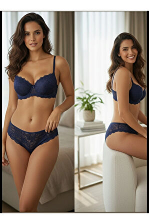 Dolgulu Destekli B Cup Ayarlanabilir Askılı Dantelli Şık Gece Sütyen Külot İç Çamaşır Takımı