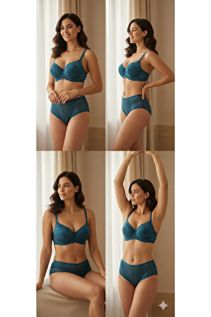 Dolgulu Destekli B Cup Ayarlanabilir Askılı Dantelli Şık Gece Sütyen Külot İç Çamaşır Takımı