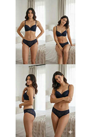 Dolgulu Destekli B Cup Ayarlanabilir Askılı Dantelli Şık Gece Sütyen Külot İç Çamaşır Takımı