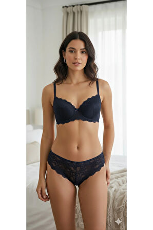 Dolgulu Destekli B Cup Ayarlanabilir Askılı Dantelli Şık Gece Sütyen Külot İç Çamaşır Takımı