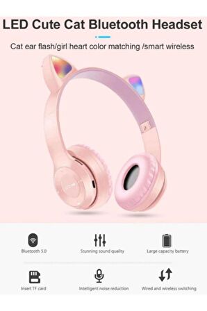 PEMBE Renkli Bluetooth 5.0 Led Işıklı Kedi Kulaklık Detaylı Mikrofonlu