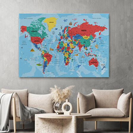 Harita Sepeti Türkçe Dünya Haritası Kanvas Tablo Son Derece Detaylı ve Dekoratif-2020