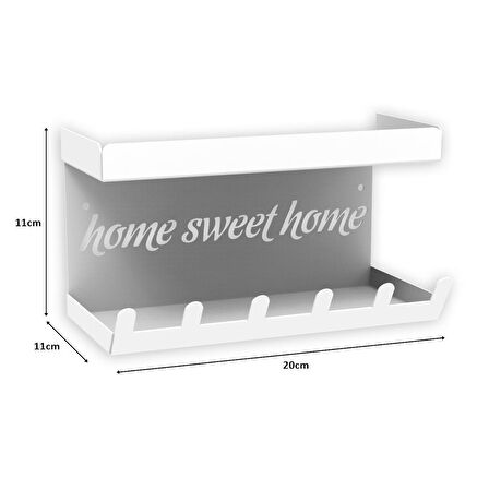 HOME SWEET HOME Duvara Monte Raflı ve 6 Kancalı Anahtarlık Askılık - Beyaz