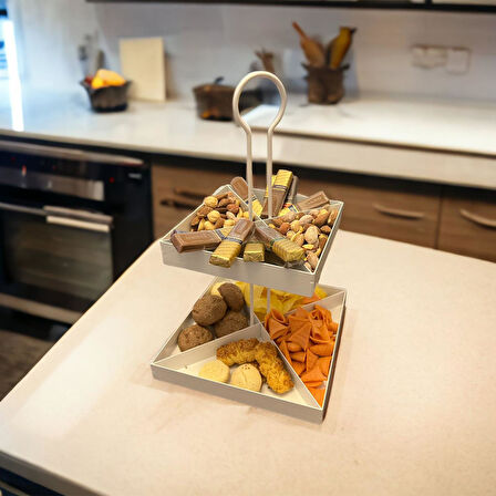 2 Katlı Dekoratif Beyaz Metal Çerezlik / Peynir Sunum Servis Tabağı - Lokumluk / Makaron, Pankek ve Tatlı Sunumu İçin