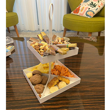 2 Katlı Dekoratif Beyaz Metal Çerezlik / Peynir Sunum Servis Tabağı - Lokumluk / Makaron, Pankek ve Tatlı Sunumu İçin