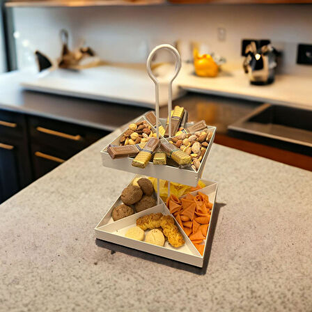 2 Katlı Dekoratif Beyaz Metal Çerezlik / Peynir Sunum Servis Tabağı - Lokumluk / Makaron, Pankek ve Tatlı Sunumu İçin