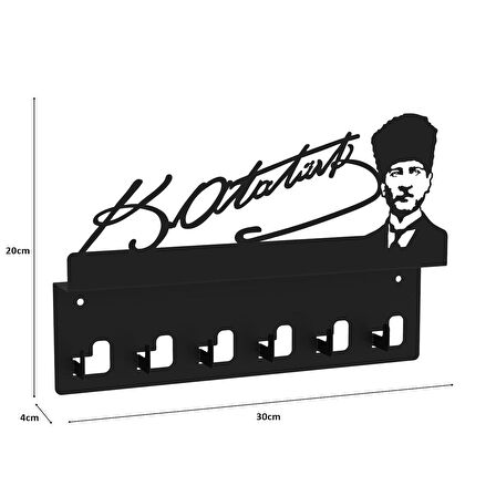 Atatürk Tasarımlı Duvar Askılı Anahtarlık ve Mektup Rafı Model-1 - Siyah