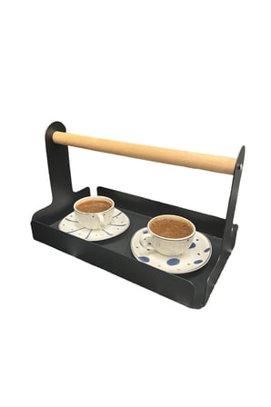 Ahşap Saplı 30x17cm Siyah Metal Servis, Sunum, Dekoratif Tepsi