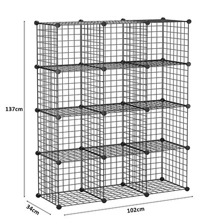 12 Bölmeli Tel Küp Çok Amaçlı Organizer Raf Siyah 33cm Mutfak, Oyuncak, Kiler, Depolama Rafı