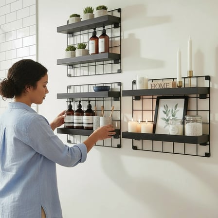 3'lü 33x33 Dekoratif Hasır Tel Duvar Paneli 6 Raflı Siyah