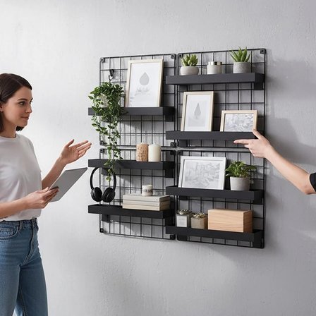 4'lü 33x33 Dekoratif Hasır Tel Duvar Paneli 8 Raflı Siyah