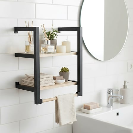 Banyo ve Mutfak İçin 2 Raflı Askılı Doğal Ahşap Siyah Metal Havluluk Duvar Rafı
