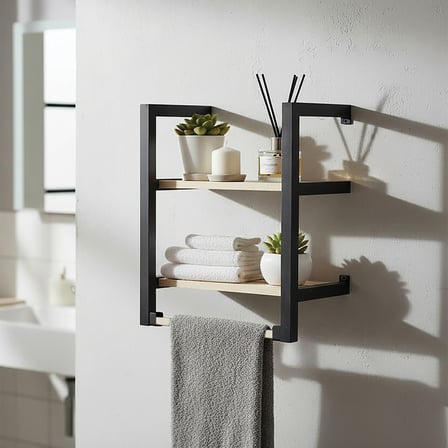 Banyo ve Mutfak İçin 2 Raflı Askılı Doğal Ahşap Siyah Metal Havluluk Duvar Rafı