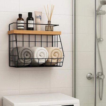 Ahşap Bambu Raflı Banyo Organizeri - Duvara Monte Edilebilir ve Tezgah Üstünde Kullanılabilir, Siyah, 31x23 cm