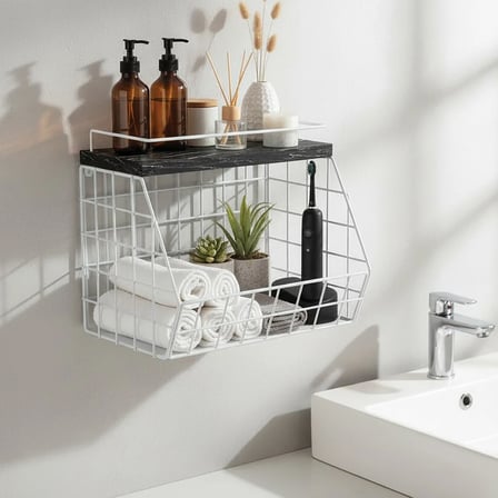 Ahşap Mermer Raflı Banyo Organizeri - Duvara Monte Edilebilir ve Tezgah Üstünde Kullanılabilir, Beyaz, 31x23 cm