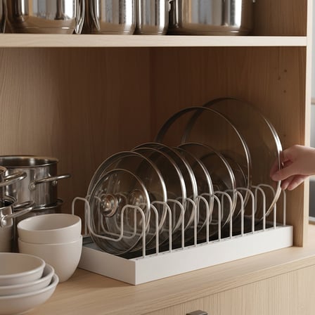 Decorelax Metal Tabaklık ve Tencere Kapak Düzenleyici Raf 40 cm Beyaz Dolap İçi Organizer