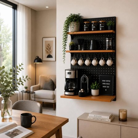 Decorelax Metal Delikli Pano Kahve Köşesi Duvar Rafı 3 Katlı Ahşap Raflı Fincan Askılı Düzenleyici (50x70 cm - Bambu Desen Raflı)