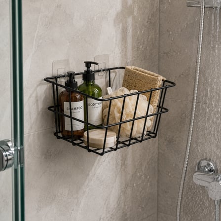 Decorelax 21x21 cm Yapışkanlı Duvar Sepeti Tekli - Mutfak Banyo Çalışma Odası Düzenleyici Metal Sepet Siyah