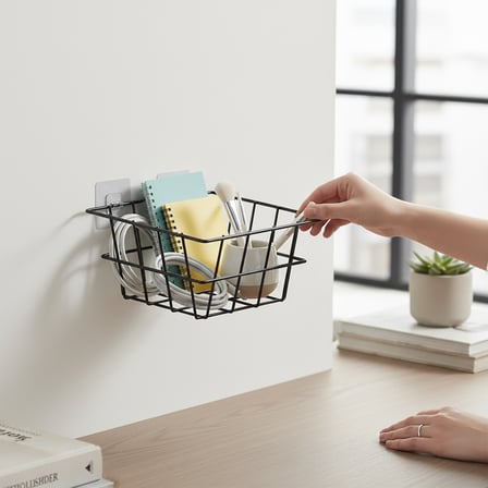 Decorelax 21x21 cm Yapışkanlı Duvar Sepeti Tekli - Mutfak Banyo Çalışma Odası Düzenleyici Metal Sepet Siyah