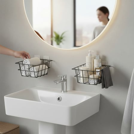Decorelax 21x21 cm Yapışkanlı Duvar Sepeti 2'li Set - Çok Amaçlı Mutfak Banyo Organizer Avantaj Paketi