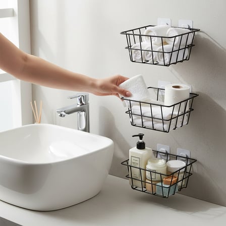Decorelax 21x21 cm Yapışkanlı Duvar Sepeti 3'lü Set - Ekonomik Ev ve Ofis Düzenleyici Tel Sepet Kombini