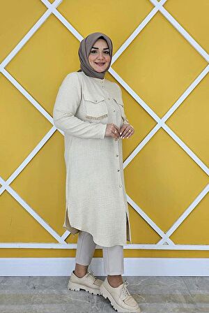 KADIN CEPLERİ MİNİ PÜSKÜL DETAYLI KETEN TESETTÜR GÖMLEK