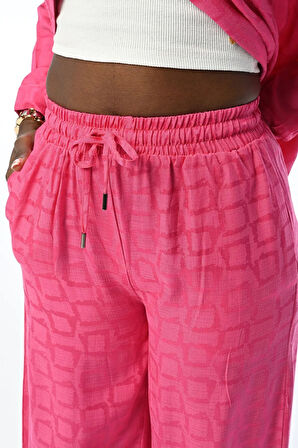 KADIN RAHAT KALIP BOL PAÇA GEOMETRİK DESENLİ FUŞYA PANTOLON