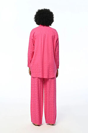 KADIN RAHAT KALIP BOL PAÇA GEOMETRİK DESENLİ FUŞYA PANTOLON