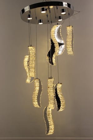 Gümüş Çemberli Seri 9lu Estetik Dalga Formlu Kristal Modern Sarkıt Avize