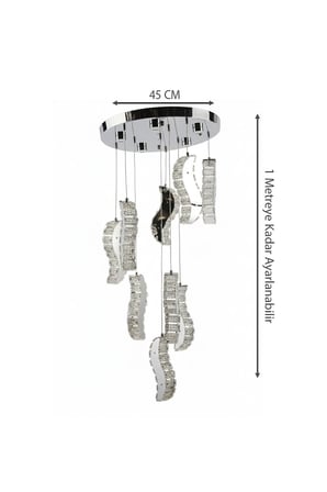 Gümüş Çemberli Seri 9lu Estetik Dalga Formlu Kristal Modern Sarkıt Avize