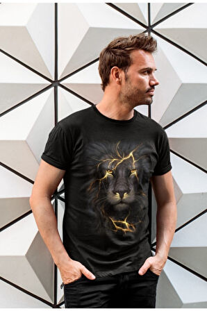 Erkek Siyah Aslan Baskılı T-shirt